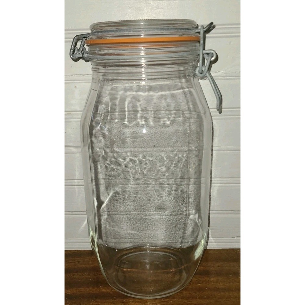 Vintage Arc France 2L Glass Jar Canister & Lid w/Hinged Metal Bale Closure
